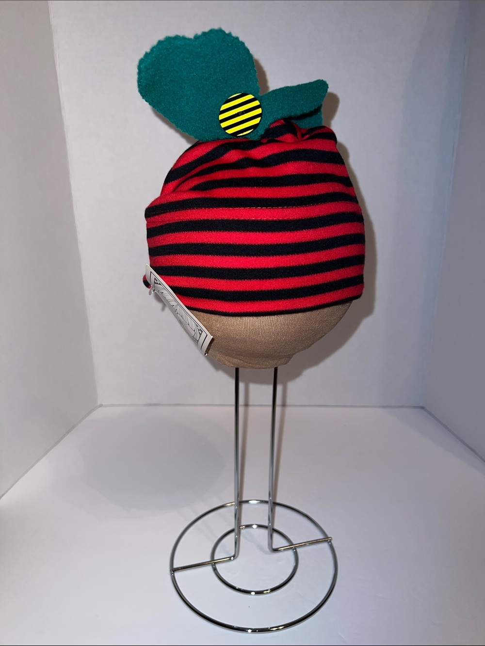 Zoodles Red and Black Striped Infant Beanie with Green Leaf Accent